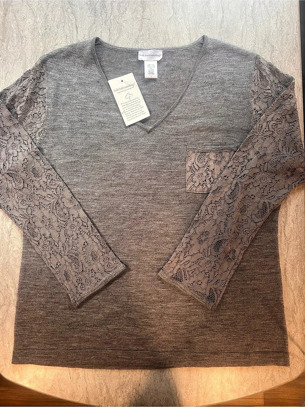 Soft Surroundings Lace Sleeve V-Neck Gray Wool Blend Top in Large NWT